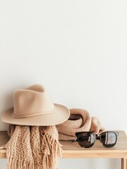 Leinwandbilder - Fashion accessories displayed on wooden table with hats, scarves, and sunglasses in a minimalist setting. Generative AI
