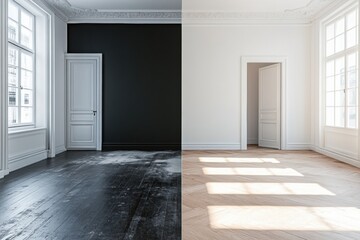 Leinwandbilder - Contrast of old dark interiors and bright modern design in room transformation project. Generative AI