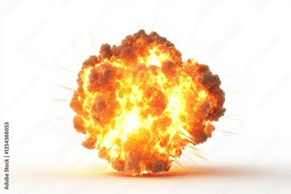 Powerful explosion with intense flames and thick smoke against a plain ...