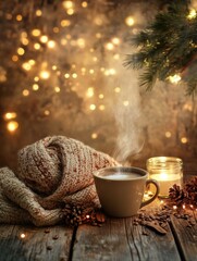 Poster - Warm coffee cup with rising steam on rustic wooden table surrounded by cozy decor and soft lighting during winter evening. Generative AI