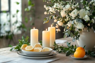 Poster - Elegant festive dining table set for a gathering with glowing candles and fresh flowers in a warm atmosphere. Generative AI
