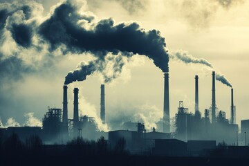 Poster - City skyline obscured by dense smog with industrial chimneys releasing thick smoke at dusk. Generative AI