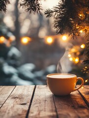 Poster - Warm coffee cup with steam rising on rustic wooden table in cozy setting during evening light. Generative AI