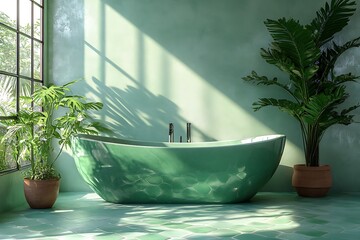 Wall Mural - Modern green bathtub in a serene bathroom with natural light and lush plants enhancing tranquility