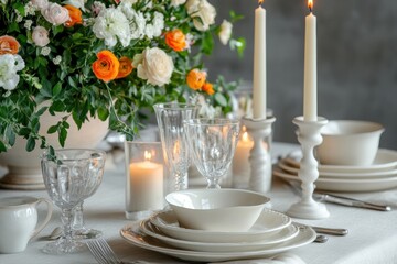 Poster - Festive dining table adorned with elegant tableware, glowing candles, and fresh flowers for a memorable gathering. Generative AI