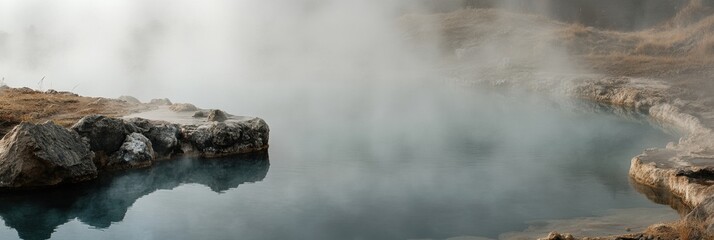 Poster - Serene hot spring surrounded by rocky edges with rising steam at a peaceful outdoor location. Generative AI