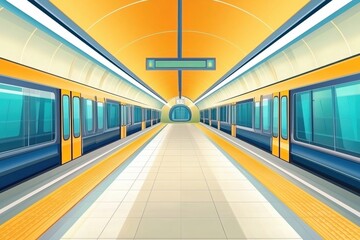 Poster - Metro station with bright yellow design and clear layout of subway transport on the underground platform. Generative AI