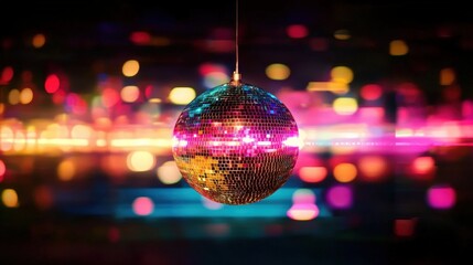 Wall Mural - Colorful Disco Sphere Reflecting Light in Nightclub Environment with Vibrant Background and Dynamic Bokeh Effects