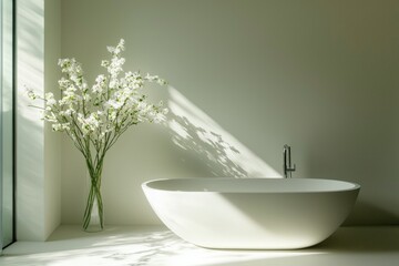 Wall Mural - Modern minimalist bathroom featuring a sleek bathtub and a vase of white flowers by a window