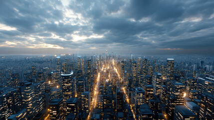 Sticker - Aerial view of futuristic city skyline at dusk with glowing lights