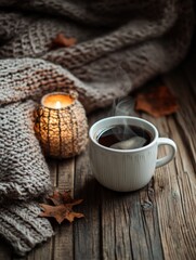 Poster - Cozy coffee moment with steam rising from a warm cup on a rustic wooden table surrounded by autumn leaves and soft textiles. Generative AI
