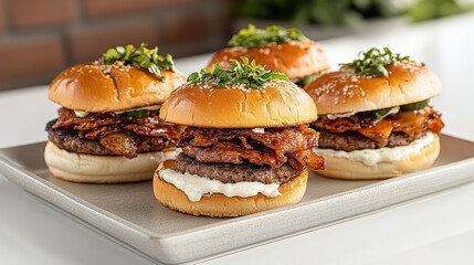 Poster - Delicious mini sliders with crispy bacon and fresh toppings on platter