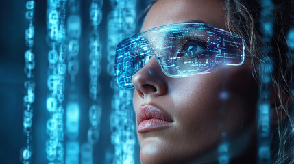 Wall Mural - Futuristic portrait of woman wearing high tech glasses with digital effects