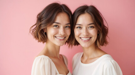 Wall Mural - two happy woman with smiles on their faces in white wedding dress on pure pink background