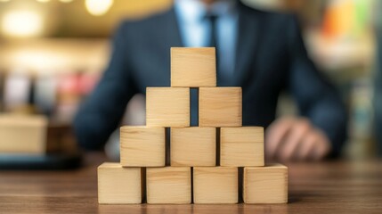 Leinwandbilder - A businessman focuses on a pyramid of wooden blocks, symbolizing strategy, structure, and growth in a professional setting.