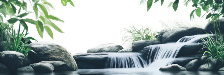 Poster - Tranquil water flows over smooth stones in a lush green landscape during a calm afternoon. Generative AI