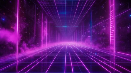 Wall Mural - Futuristic retro landscape. Digital cyber surface with neon light grid. Cyberspace or metaverse. Technology, ai and vr concept. Virtual reality. 80s and 90s retrowave, synthwave, vaporwave style