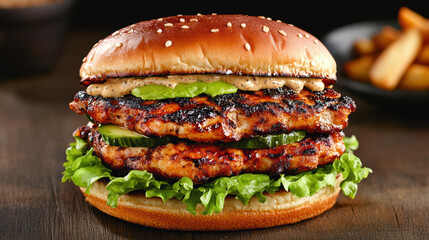 Poster - Juicy grilled chicken burger with avocado, lettuce, and pickles