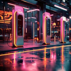 Leinwandbilder - Futuristic EV charging station illuminated with neon lights in a high tech urban environment at night. Generative AI