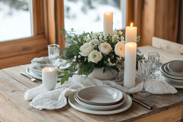 Aufkleber - Elegant festive dining table with glowing candles and fresh flowers in a cozy winter setting. Generative AI