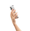 © Nichastudioart17 - Hand holding back of the smartphone on isolated white background.