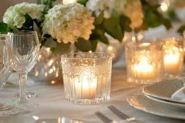 Poster - Elegant festive dining table adorned with glowing candles and fresh flowers for a special occasion. Generative AI
