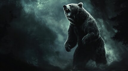 Aufkleber - Majestic bear roaming through a misty forest during twilight hours capturing the essence of wilderness. Generative AI