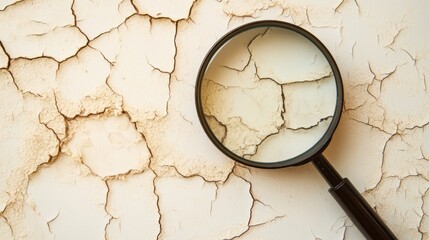 Fototapete - Magnifying glass revealing texture of dry, flaky skin on a surface, highlighting skin condition and health concerns. Generative AI