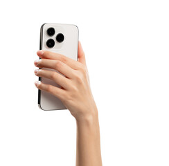 Hand holding back of the smartphone on isolated white background.
