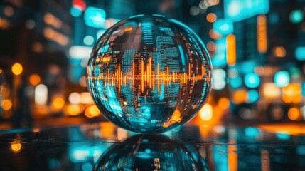 Canvas Print - Futuristic Stock Market Analysis with Digital Chart Visualization Inside a Glass Sphere in a Cityscape Background