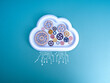 © tete_escape - Cloud computing infrastructure technology management, data system storage service workflow insight concept. Many cogwheels and gears in modern white cloud with circuit graphic on blue background.