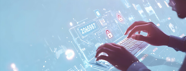 Wall Mural - conceptual cybersecurity illustration, human hands typing on a keyboard overlaid with digital protec