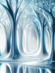 Fototapete - Glowing reflections in a glass forest with abstract tree shapes during twilight. Generative AI
