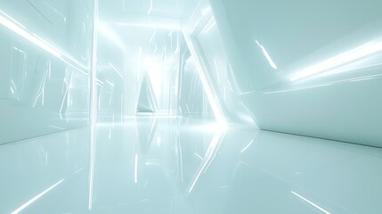 Wall Mural - Futuristic white corridor, glowing lines, abstract background, architectural design, sci-fi setting.