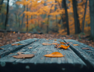 Wall Mural - Autumnal Serenity, A weathered picnic table invites contemplation amidst a forest painted in vibrant hues of amber and gold, evoking a sense of peaceful reflection