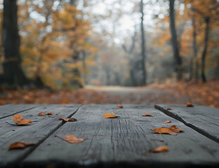 Wall Mural - Autumn's Serenity, Golden Leaves Adorn a Rustic Wooden Table in a Misty Forest, Evoking a Sense of Tranquility and Seasonal Transition