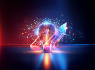 Poster - a vibrant double exposure image of a light bulb filled with digital lines and glowing particles, cre