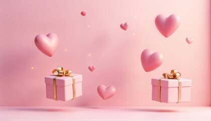 Wall Mural - Floating pink hearts and gift boxes with ribbons against a soft pink background