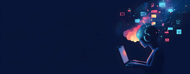 Digital realm immersion, A stylized representation of connectivity and communication with a person connected to virtual and real world