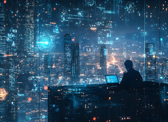 futuristic vision, silhouette of an individual working on a laptop against a backdrop of a digitally