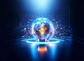 Wall Mural - A glowing globe with interconnected lines sits on a futuristic platform, radiating blue and orange light. A double exposure effect creates a layered, technological feel, suggesting global connectivity