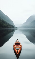 Poster - Lonely kayak resting on calm waters of a serene mountain lake at dawn with mist hovering over the landscape. Generative AI