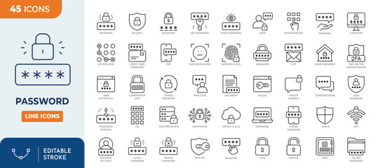 Password line editable icon set. Containing login, access, secure, passcode, encryption, code, 2FA, fingerprint and more. Vector illustration