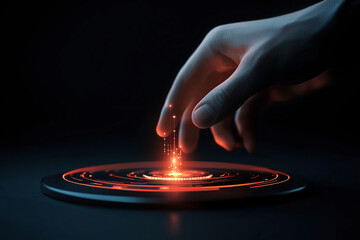 Wall Mural - hand interacts with glowing digital interface, emitting sparks in dark setting, symbolizing technolo