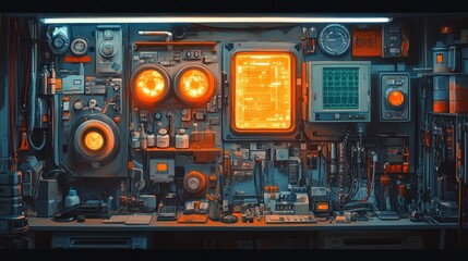 Futuristic control panel glows, workshop background, sci-fi interface
