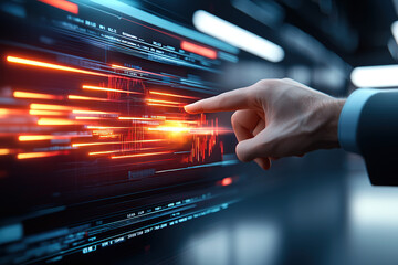 Wall Mural - hand interacts with futuristic digital interface displaying glowing data streams and graphs, symboli