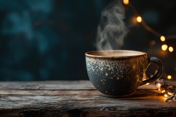 Aufkleber - Warm coffee cup with steam rising on a rustic wooden table during a cozy evening setting. Generative AI