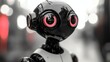 © 3dimensi2000 - A cheerful, futuristic droid support worker with a playful black-and-white design, set against a soft blur background with vibrant lighting. Perfect for tech and AI-themed projects