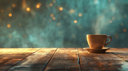 Poster - Warm cup of coffee with rising steam on rustic wooden table, evoking cozy moments and calm mornings in an inviting atmosphere. Generative AI