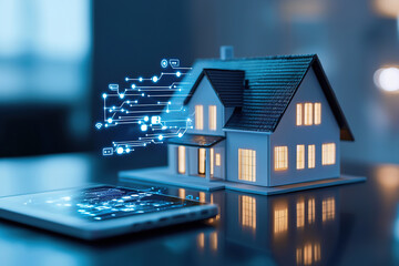 Wall Mural - smart home model with digital connections to tablet, illustrating ai integration